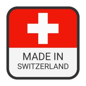 Made in Switzerland badge vector. Sticker with stars and national flag. Sign isolated on white background.