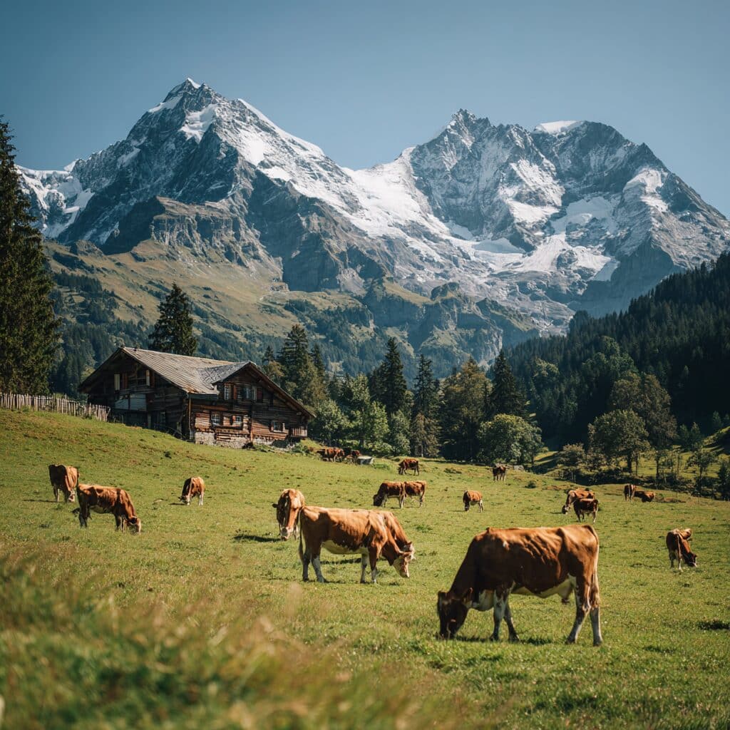 vaches nourries à l’herbe dans un pâturage naturel, source de whey protéine Swilab