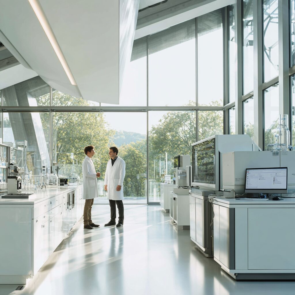 laboratoire suisse moderne avec deux scientifiques en discussion, recherche en nutrition ou compléments alimentaires