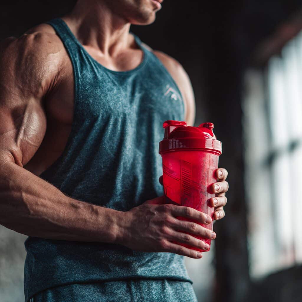 sportif musclé tenant un shaker de protéines après l’entraînement