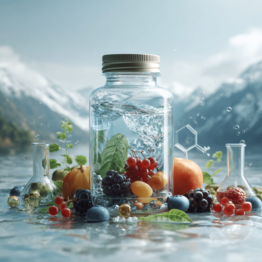 complément multivitaminé Vitamix Swilab dans un paysage alpin suisse, symbole de pureté et vitalité