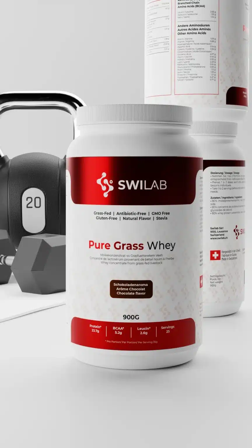 Barattolo di Pure Grass Whey protein SwiLab, gusto cioccolato, con le domande frequenti dei clienti.
