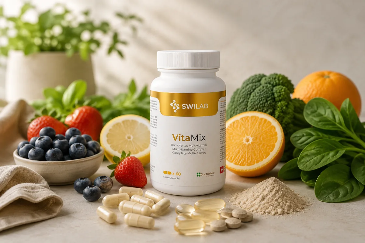 Assortimento di compresse, capsule e polveri multivitaminiche accanto a frutta e verdura fresca