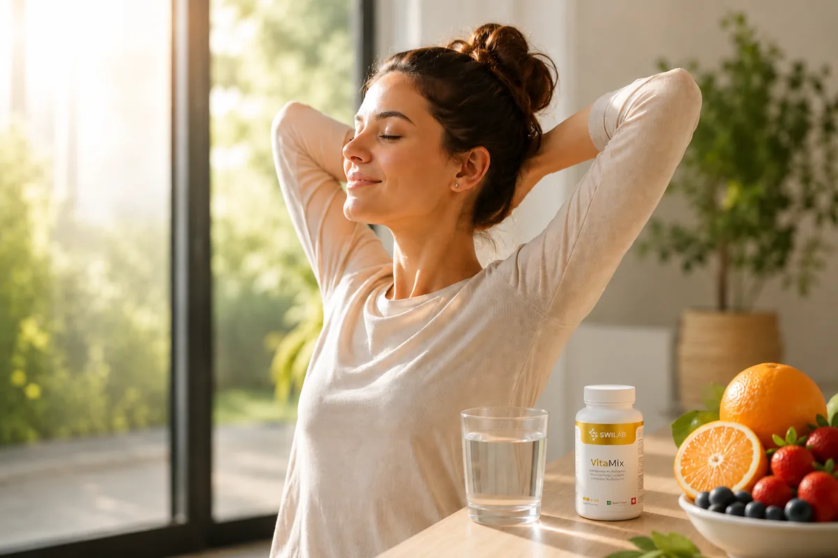 Persona serena che evoca il benessere e la vitalità in una luce naturale