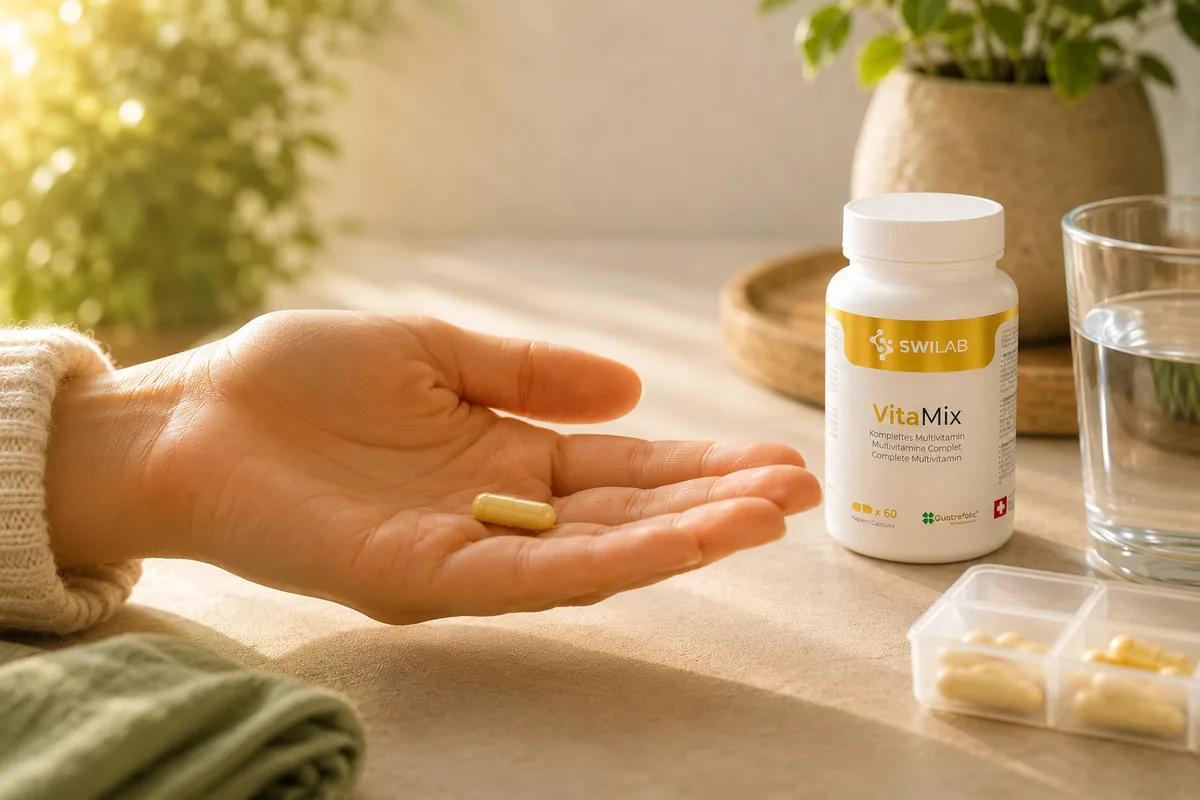 Flaconi e capsule di integratori multivitaminici presentati in luce naturale
