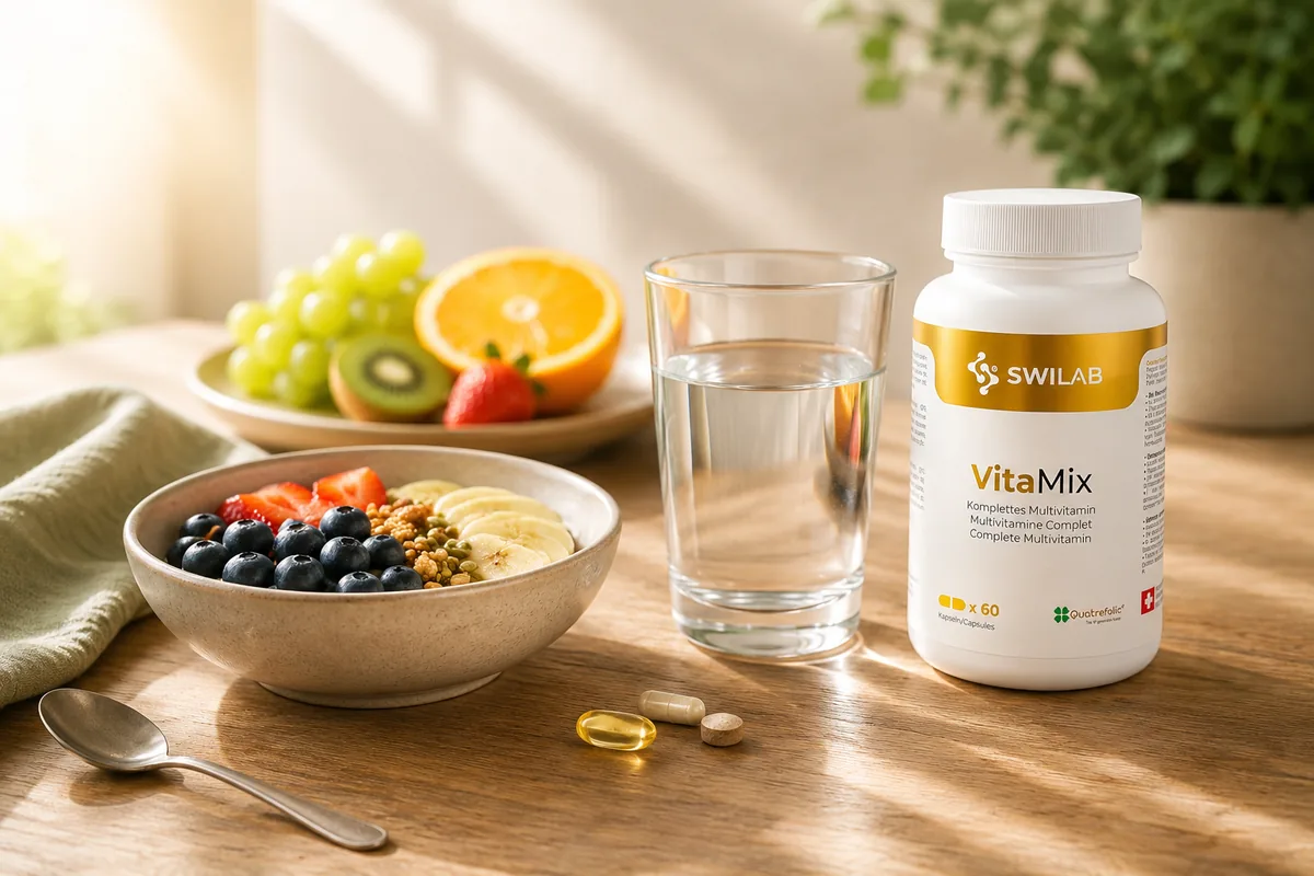 Integratore multivitaminico e bicchiere d'acqua accanto a una colazione sana