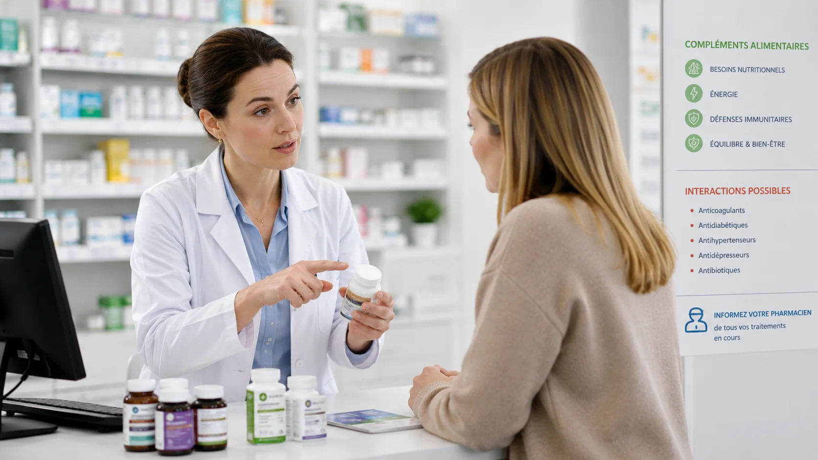 Apothekerin, die eine Kundin zur Einnahme von Nahrungsergänzungsmitteln und ihren möglichen Wechselwirkungen mit einer Behandlung berät