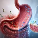 Estomac infecte par Helicobacter pylori avec muqueuse gastrique enflammee a gauche, et flore intestinale equilibree par les probiotiques a droite ; en medaillon, les symptomes frequents : douleur epigastrique, ballonnements, nausees