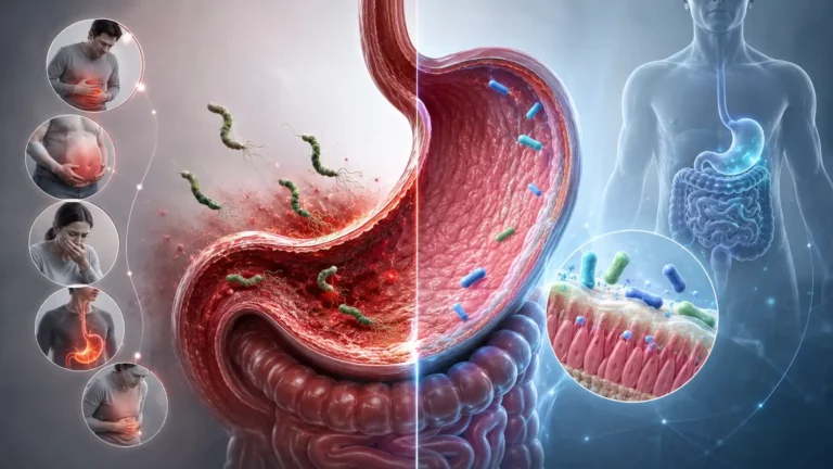 Estomac infecte par Helicobacter pylori avec muqueuse gastrique enflammee a gauche, et flore intestinale equilibree par les probiotiques a droite ; en medaillon, les symptomes frequents : douleur epigastrique, ballonnements, nausees