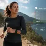 Coureuse en Zone 2 (60-70 % de la fréquence cardiaque maximale, 135 BPM) sur un sentier au bord de mer, avec affichage des zones de fréquence cardiaque