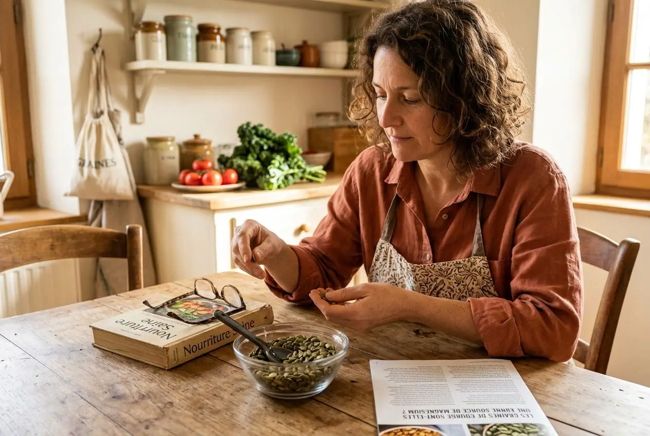 Graines de courge décortiquées présentées dans une coupelle, source alimentaire riche en magnésium