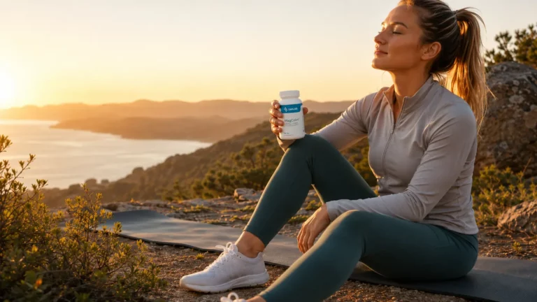 Femme en tenue de sport tenant un flacon de magnésium MagCalm SwiLab au coucher de soleil face à la mer