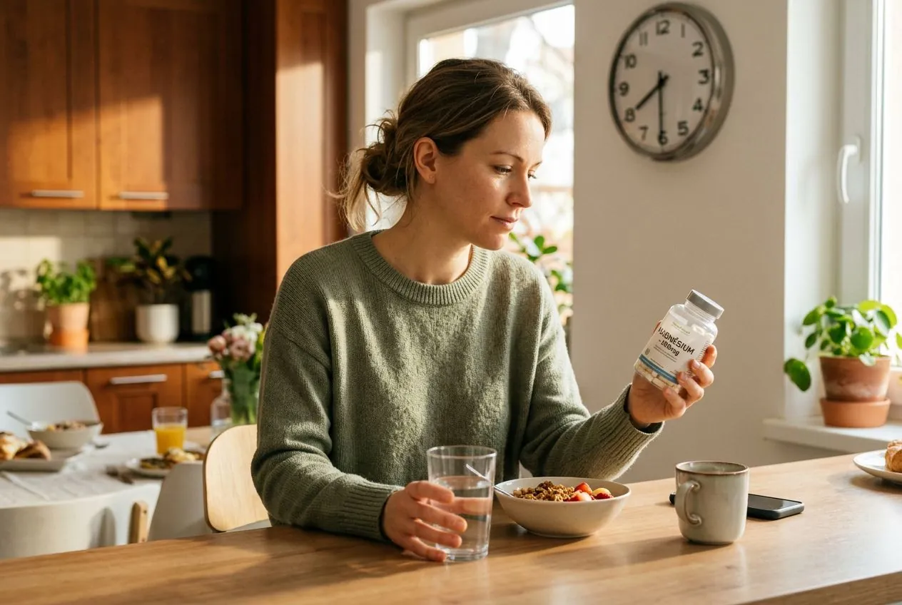 Glas Wasser und Magnesiumpräparat auf einem Tisch zur Mahlzeit, als Illustration für die Wahl des Einnahmezeitpunkts