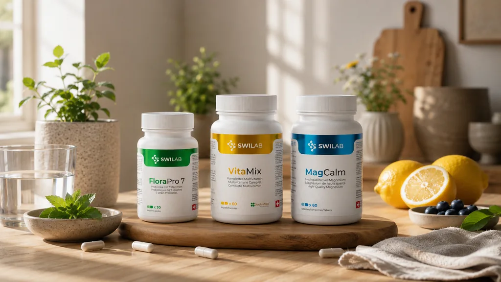 Dietary supplements, fruit and a glass of water on a table, illustrating an everyday preventive health routine