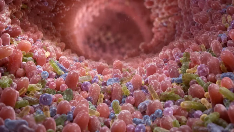 Illustration of small intestinal bacterial overgrowth (SIBO): excessive proliferation of bacteria in the lining of the small intestine