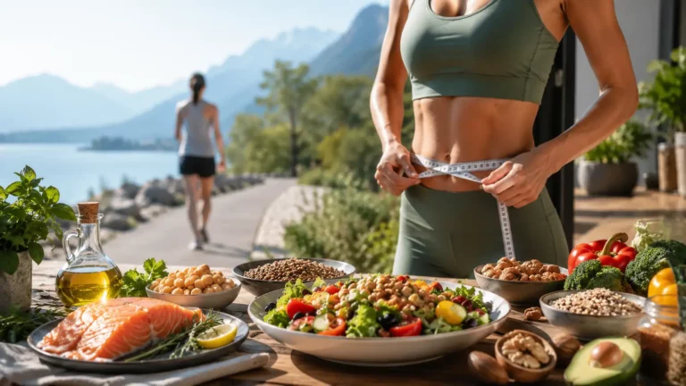 Repas méditerranéen (saumon, légumineuses, salade, huile d'olive, avocat) et femme mesurant son tour de taille au bord d'un lac suisse