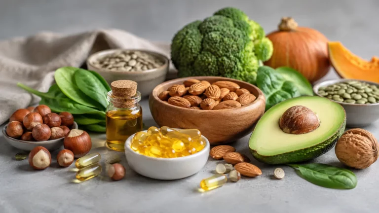 Aliments riches en vitamine E : amandes, noisettes, graines de tournesol et de courge, avocat, huile végétale, épinards et capsules de vitamine E