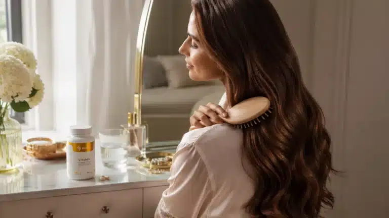 Femme aux cheveux longs se brossant devant un miroir, à côté du complément multivitamine VitaMix de SwiLab