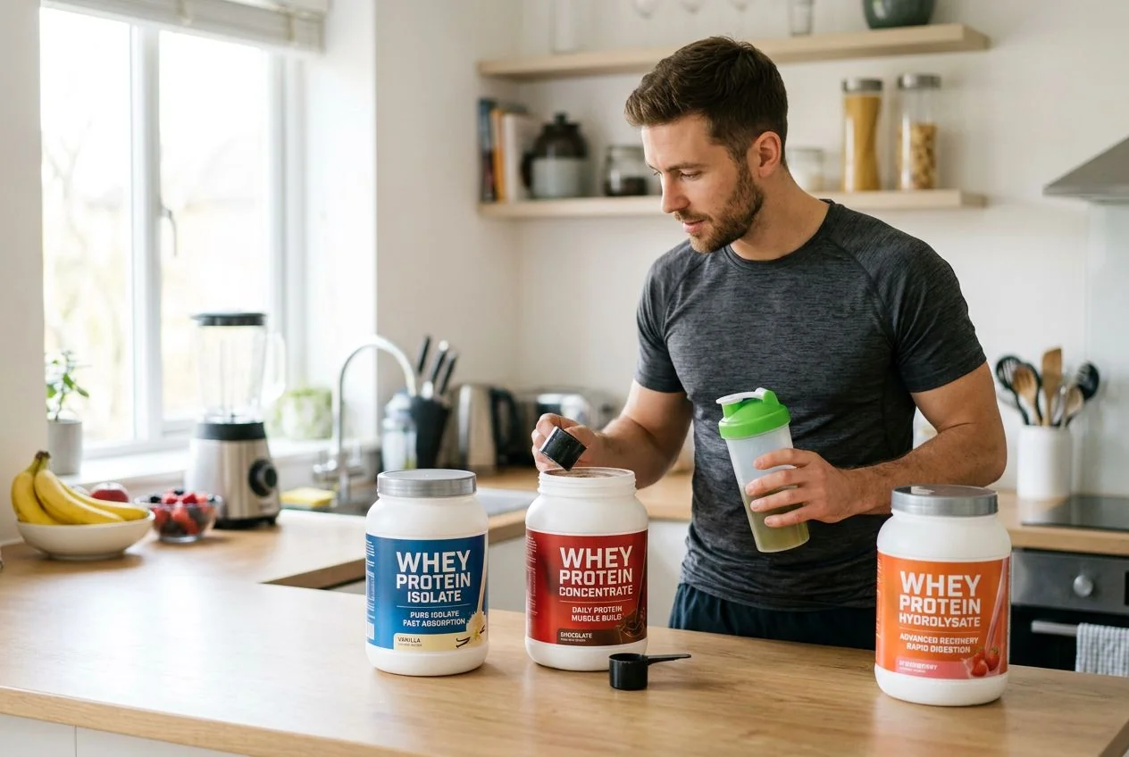 Verschiedene Whey-Protein-Pulver in Schalen, die die Formen Konzentrat, Isolat und Hydrolysat veranschaulichen