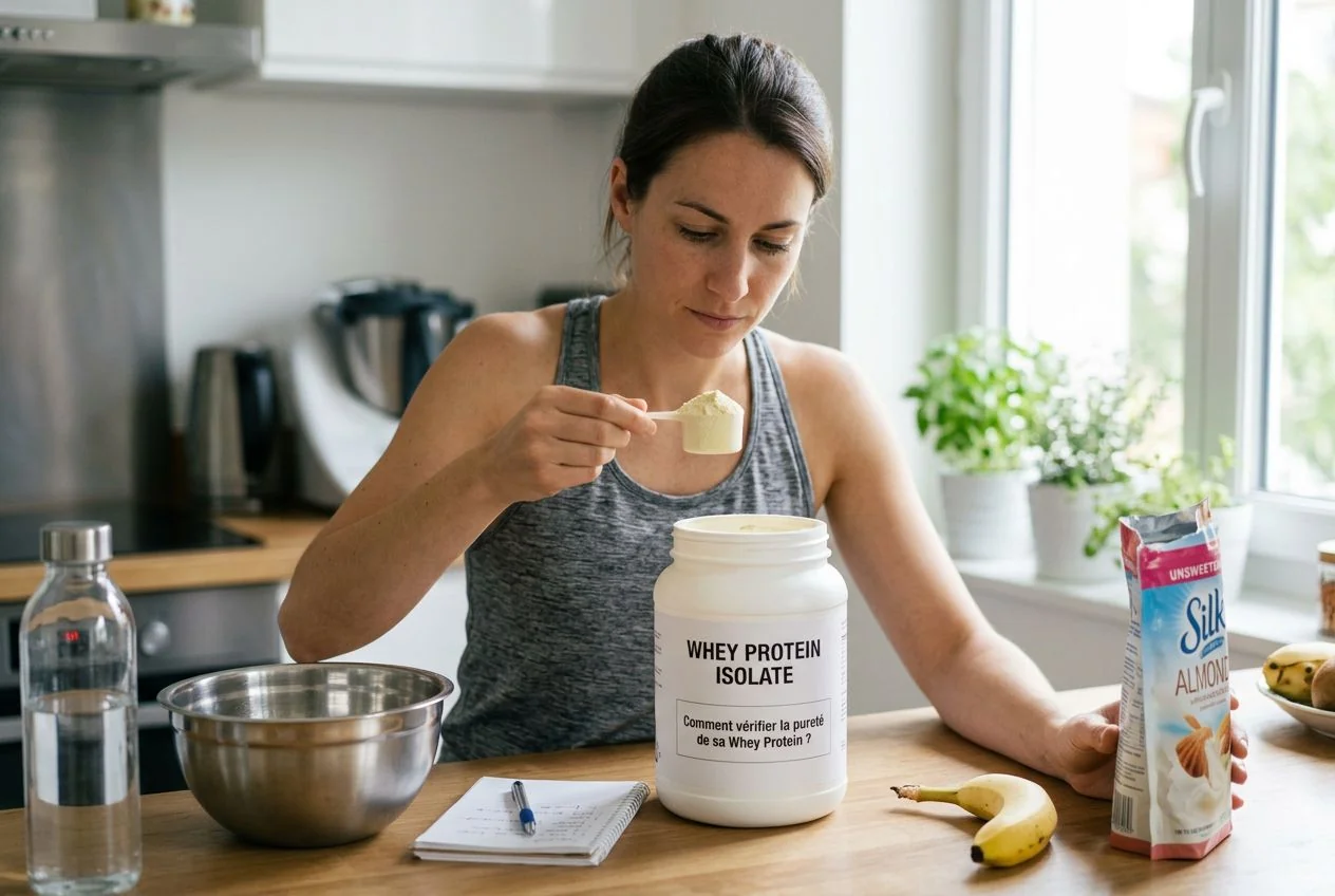 Étiquette d'un pot de whey protéine examinée à la loupe pour vérifier sa pureté et sa composition