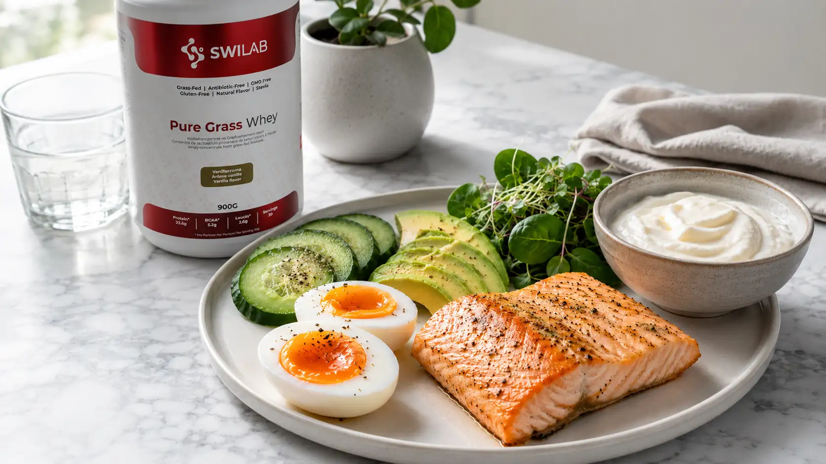Assiette riche en protéines (œufs, poisson, skyr) illustrant l'alimentation à privilégier sous Ozempic ou Wegovy
