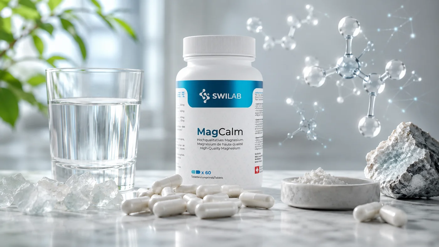 Complément de magnésium MagCalm de SwiLab avec gélules et minéral, illustrant les formules de magnésium enrichies en taurine