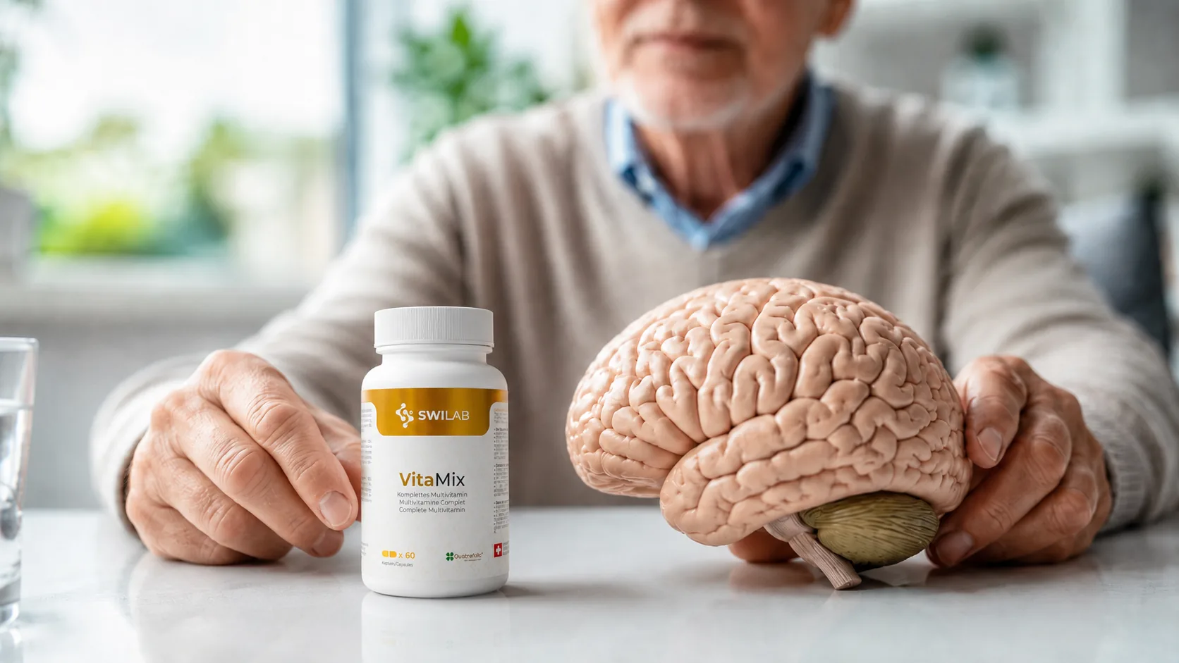 Illustration d'un cerveau et de vitamines, évoquant le lien entre multivitamine et vieillissement cérébral chez les seniors