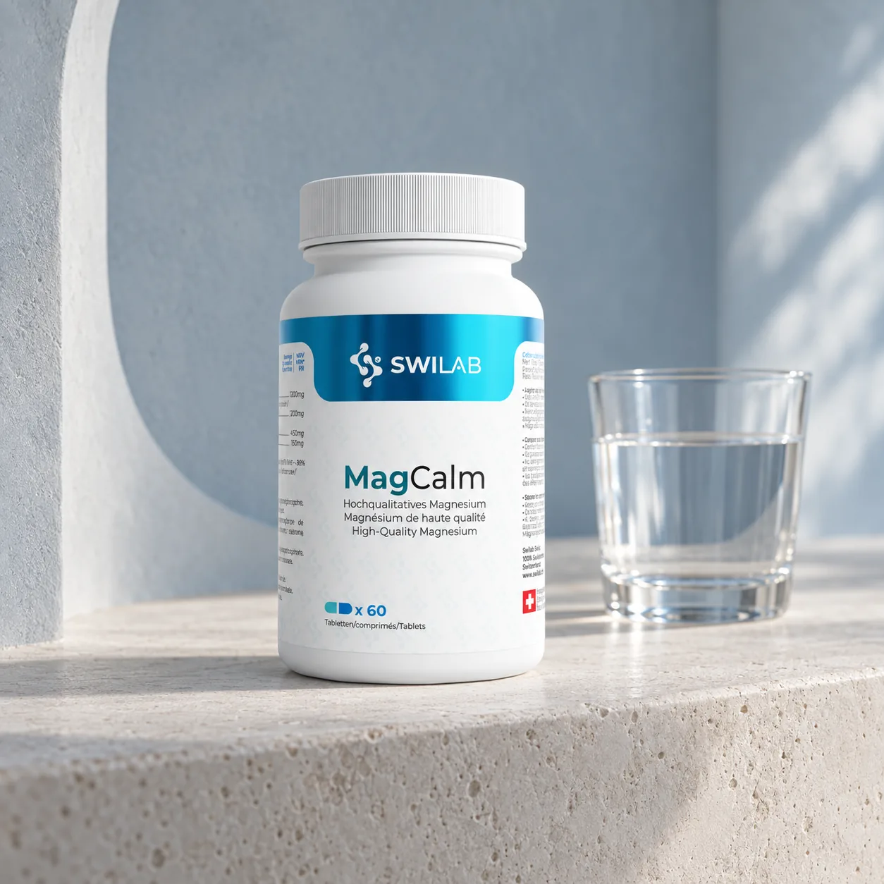 Flacon MagCalm de SwiLab posé sur une tablette en pierre claire, devant un mur bleu-gris, à côté d'un verre d'eau.
