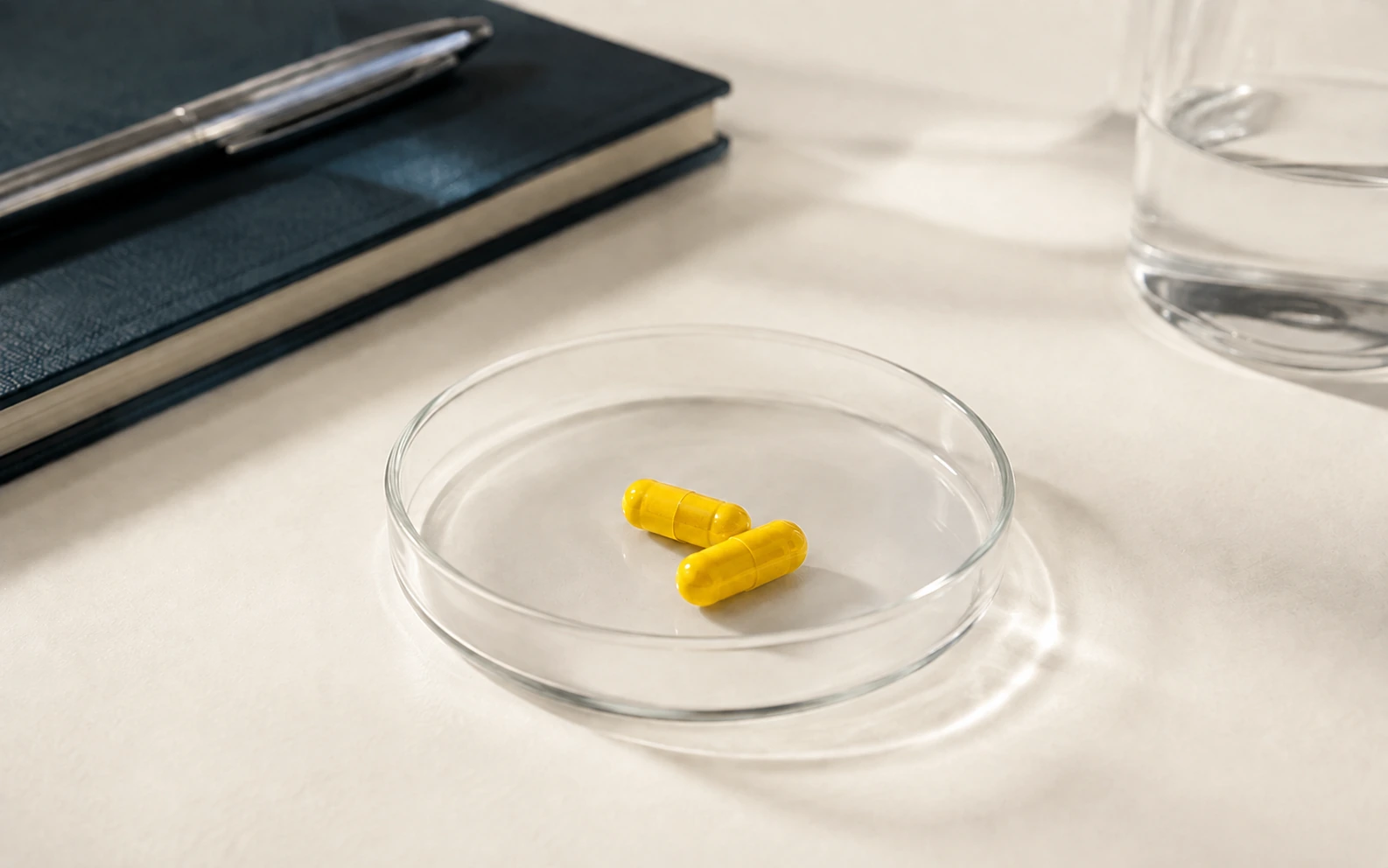 Deux gélules jaunes de multivitamines SwiLab dans une boîte de Petri en verre, posée près d'un carnet noir, d'un stylo et d'un verre d'eau.