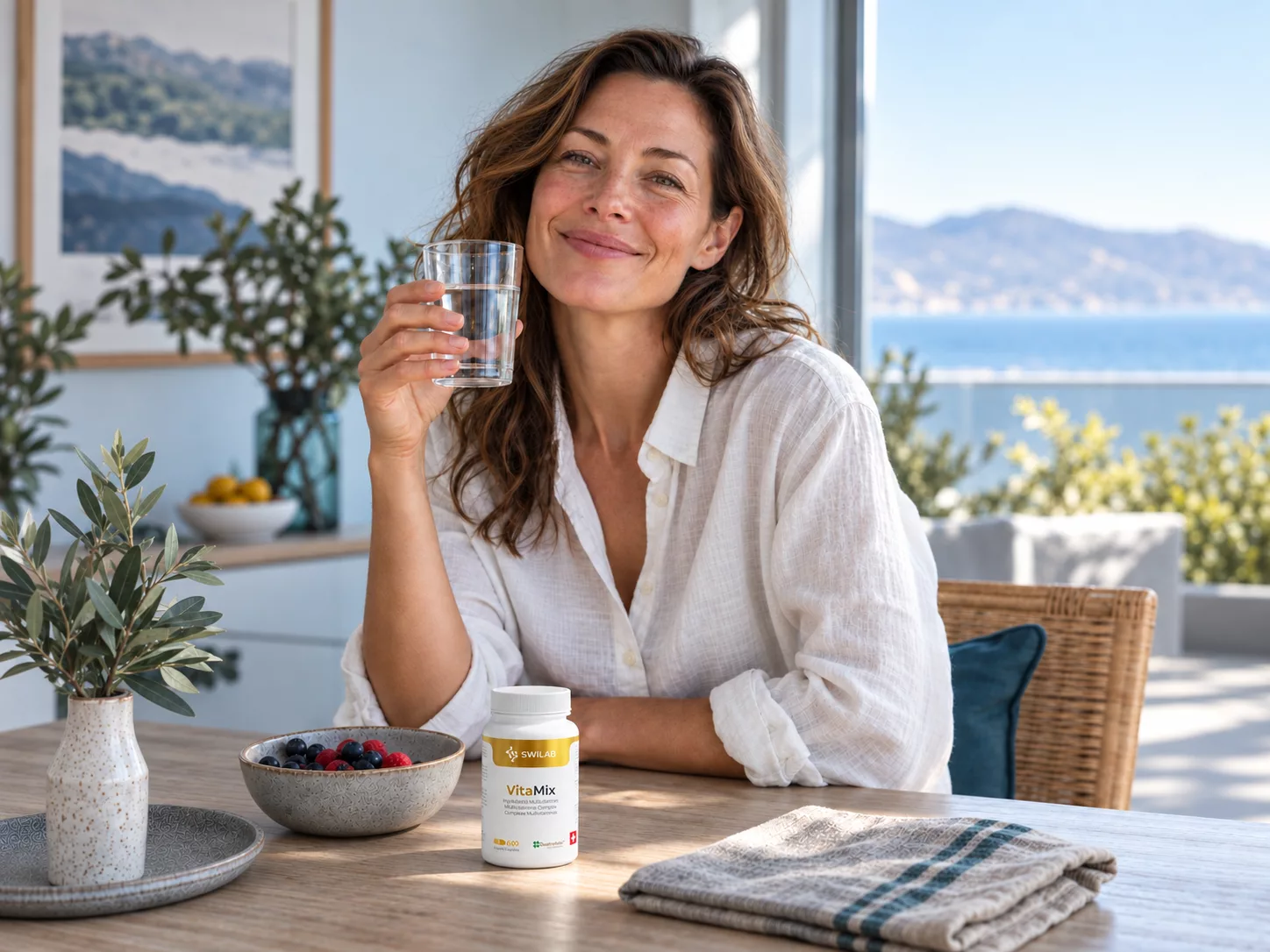 Femme souriante buvant un verre d'eau à sa table, un flacon de multivitamines SwiLab posé devant elle près d'un bol de fruits rouges, avec un lac et des montagnes en arrière-plan.